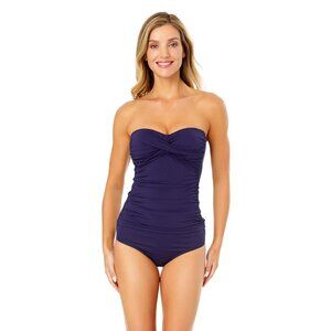 NWT Anne Cole Womens Solid Twist Front Shirred Bandeau Tankini Top Navy Blue XL